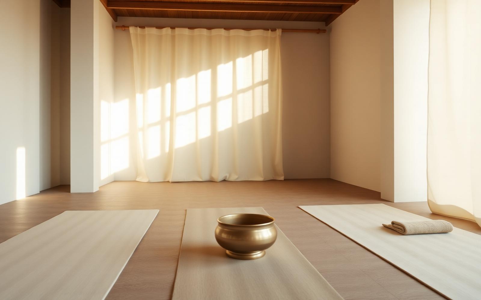 Serene wellbeing studio with linen mats and a brass singing bowl